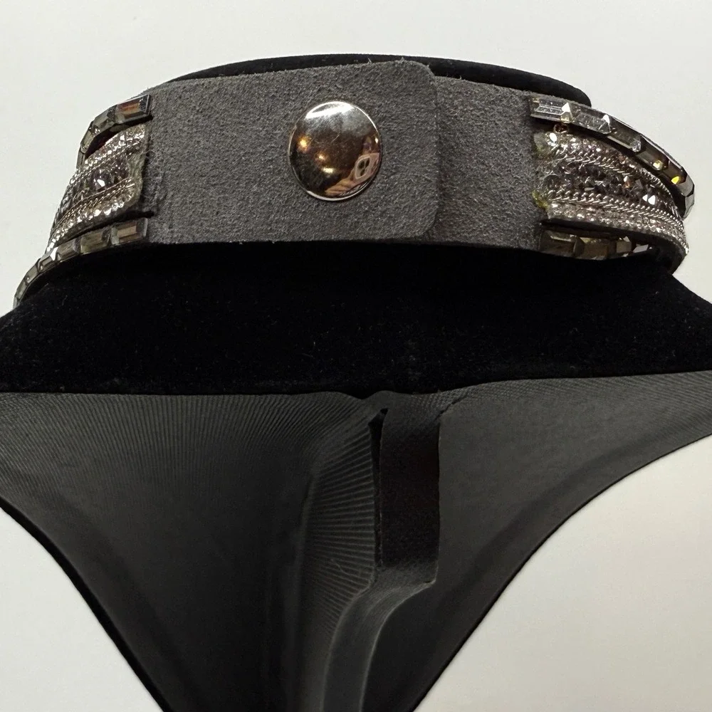 Rhinestone Statement Choker Necklace Silver Vegan Suede Gray Wrap Jewelry 16.5in - Picture 6 of 6